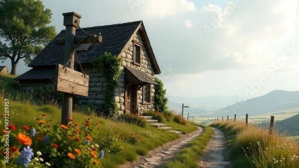 Fototapeta Rustic Stone Cottage on a Hillside Path with Blank Wooden Signpost and Vibrant Wildflowers