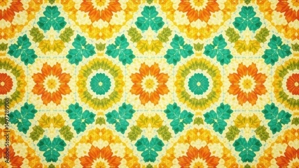 Fototapeta Vibrant Floral Kaleidoscope Pattern Featuring Interlocking Designs of Flowers and Leaves in a Symmetrical Arrangement on a Creamy Background