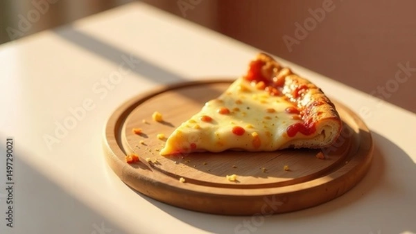 Fototapeta A Single Slice of Delicious Cheese Pizza on a Wooden Board, Bathed in Golden Sunlight