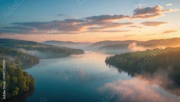 Fototapeta Overhead perspective of the lake in stunning twilight illumination outside. Idea of trekking.