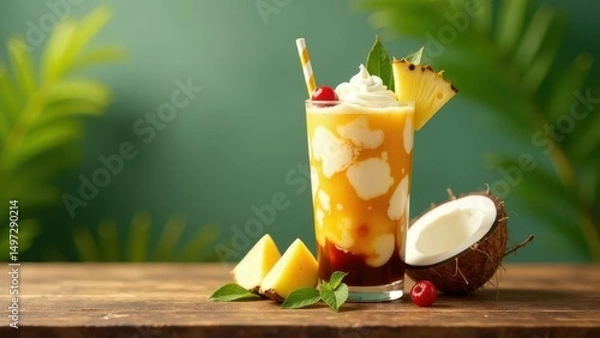 Fototapeta Refreshing Tropical Pineapple Coconut Cream Smoothie with Whipped Cream and Cherry Garnish on Wooden Table