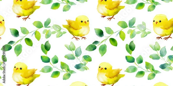 Fototapeta 手描き風の鳥と葉が舞う水彩アート背景｜かわいい小鳥・ナチュラルデザイン・緑の葉・自然・癒し・インテリア・文房具・ファブリック・シームレス・明るい・爽やか・シンプル