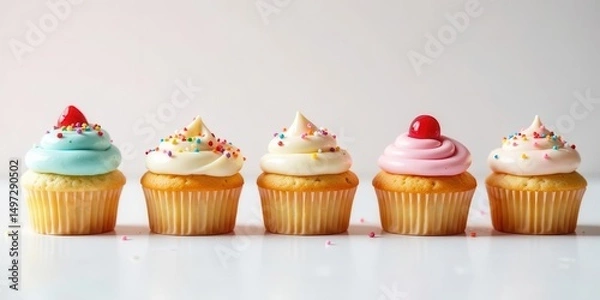 Fototapeta A delightful row of five assorted cupcakes, each adorned with colorful sprinkles and creamy frosting, presented on a bright white surface, perfect for celebrations and sweet moments.