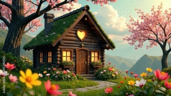 Fototapeta Charming Log Cabin nestled in a vibrant Spring landscape, surrounded by blooming flowers and blossoming trees, a peaceful idyllic scene