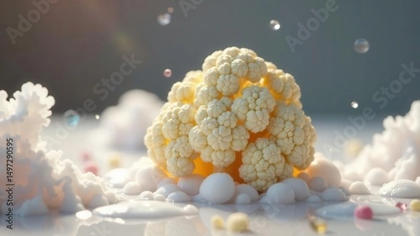 Fototapeta A Delicate Cauliflower Floret Rests on a Bed of Creamy Foam, Surrounded by Bubbly Translucence and Pastel Confetti.