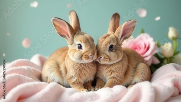 Fototapeta Two adorable bunnies snuggling together on a soft pink blanket, surrounded by delicate pink roses and pastel petals, creating a heartwarming and serene springtime scene.
