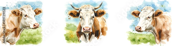 Fototapeta Watercolor style depiction of three cows with white and brown markings on a plain canvas surface art on transparent background