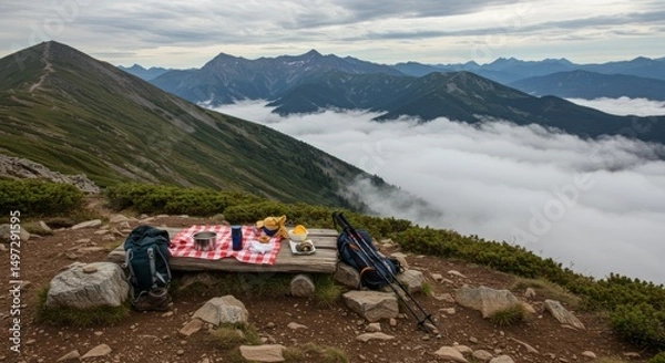 Fototapeta Bench at mountain peak overlooking distant mountains and clouds during picnic break