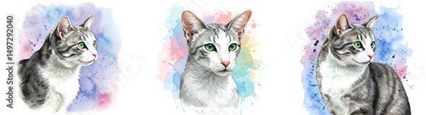 Fototapeta Three watercolor paintings of tabby cats with colorful artistic splash behind them on a plain canvas on transparent background