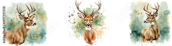 Fototapeta Three watercolor deer portraits with antlers in nature settings on a transparent canvas view on transparent background