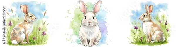 Fototapeta Three rabbits in a watercolor style with flowers and grass on a light and colorful background design on transparent background