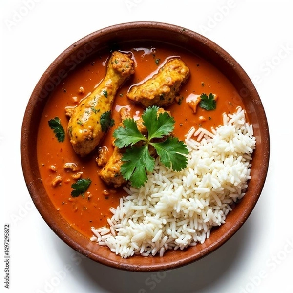 Obraz Top-Down Flat Lay of Chicken Curry in Pan with Colorful Spices and Dried Mushrooms on White Background – Professional Food Photography