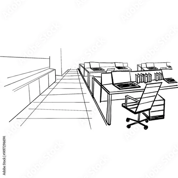 Fototapeta Hand-drawn vector illustration of a modern office interior with desks, chairs, and office supplies, showcasing a clean, minimalist workspace design in black and white line art.