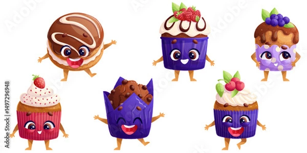 Obraz A set of cute smiling cupcake and muffin characters. The concept of a children's party, bakery. Isolated vector illustration for the design of postcards, invitations, posters, banners