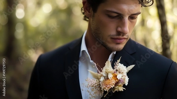 Obraz A groom wearing a boutonniere made of dried flowers