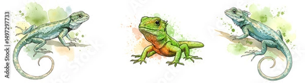 Fototapeta Three watercolor lizards in different shades of green on a plain background, digital rendering style on transparent background