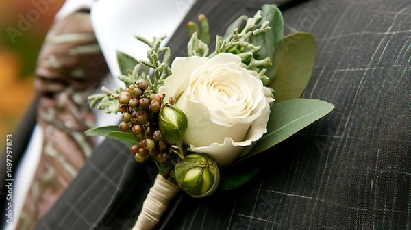 Obraz A groom's suit with a stylish boutonniere featuring a white rose and greenery
