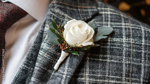 Obraz A groom's suit with a stylish boutonniere featuring a white rose and greenery
