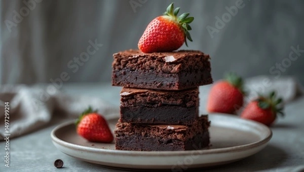 Fototapeta Brownies made from vegan ingredients including beetroot puree, dark chocolate, cocoa powder, sugar, and coconut cream. A stack of brownies served on a ceramic plate with strawberries.