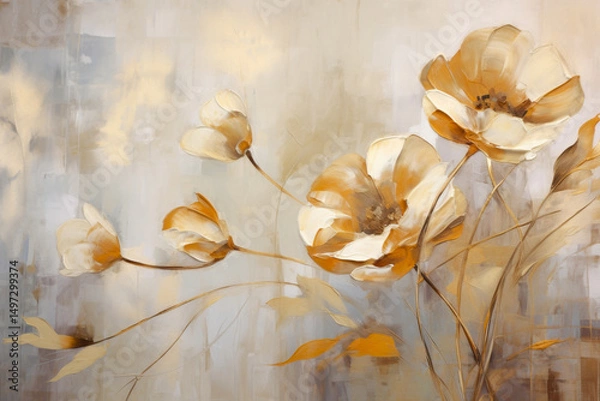 Fototapeta Oil painting in boho style, 3D effect. Vintage illustration with white flowers with golden lines on light brown background.
