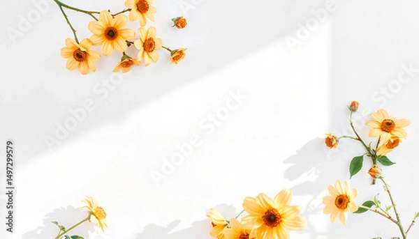 Obraz Bright yellow flowers arrangement, sunny mood, white background with shadow play and copy space
