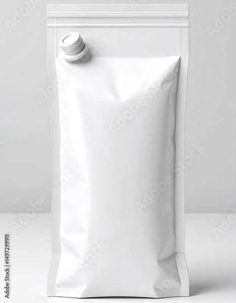 Fototapeta A sleek, photorealistic, and minimalist shot of a blank white pouch with a spout. Perfect for branding or showcasing liquid products.