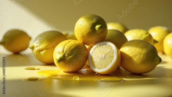 Fototapeta Lemons freshly harvested against a yellow background with a splash