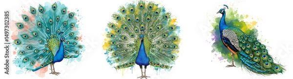 Fototapeta Three watercolor peacocks with vibrant plumage and elegant poses against a plain canvas space on transparent background