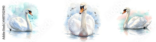 Fototapeta Three swan images in watercolor style with vibrant colors and artistic water reflections shown clearly here on transparent background