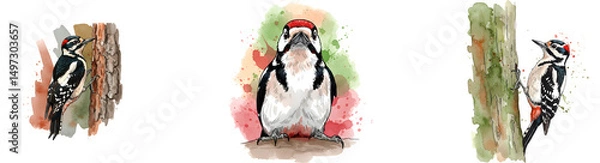 Fototapeta Three watercolor representations of woodpeckers perched on trees and branches in various positions on transparent background