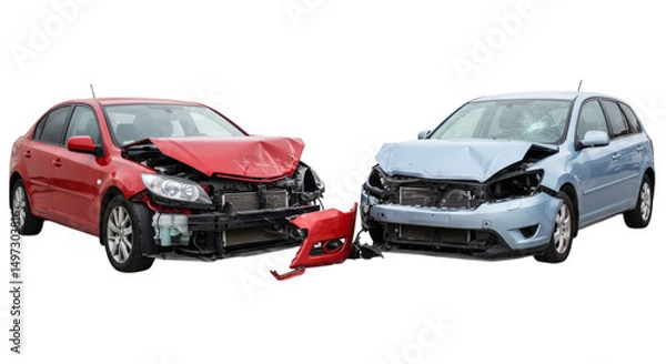 Obraz Two damaged vehicles a red sedan and a light blue hatchback after a collision front end damage visible isolated on transparent background