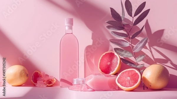Obraz An eyecatching and vibrant display showcasing an array of colorful citrus fruits along with a pink beverage bottle