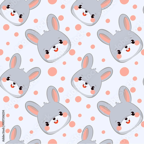Obraz Seamless drawing of a gray bunny's face in chibi kawaii style. Cute and cartoonish mascot on a white background with pink circles. Perfect for kids artwork, stickers, nursery decor, prints and
