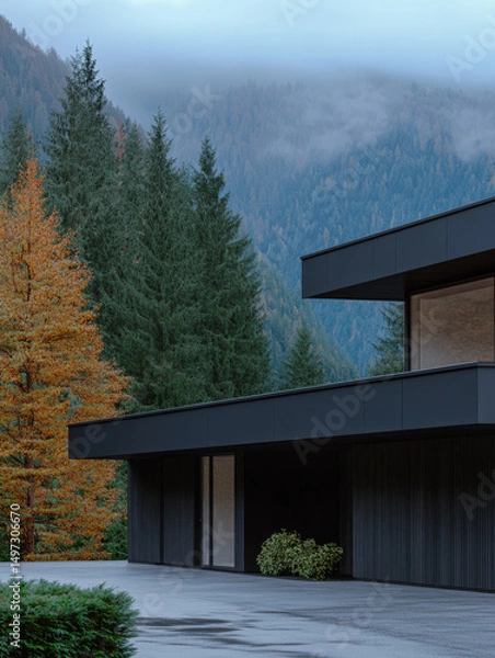 Obraz Modern house stands amidst colorful autumn trees and majestic mountains in the evening light