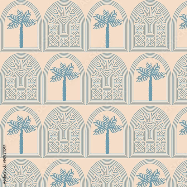 Fototapeta Mobile Summer  seamless pattern tropical  palm tree with in arch modern vector summer  geometric print for wallpaper, textile design , repeat background .