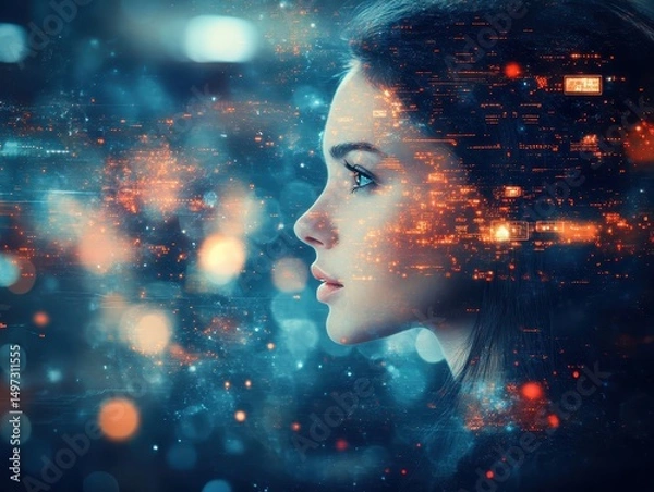 Fototapeta Artificial intelligence advancing virtual assistant technologies selective focus, surreal, composite, AI workspace backdrop