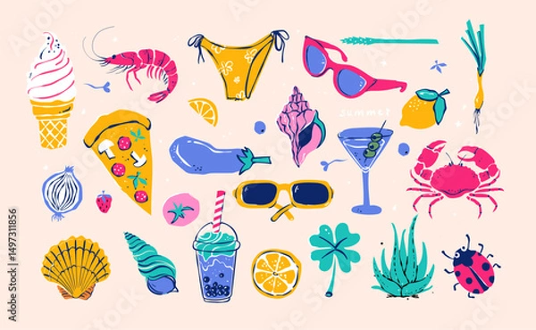 Fototapeta Set of cute summer icons: summer food, fruits, crab, sun, rainbow, roller skate. Bright summertime card. Collection of scrapbooking elements for a beach party. Isolated on white.