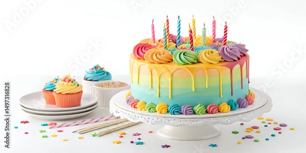 Fototapeta A beautifully decorated birthday cake with colorful frosting, candles, and festive elements displayed on a clean white background, perfect for celebrations, parties, and dessert-themed designs.