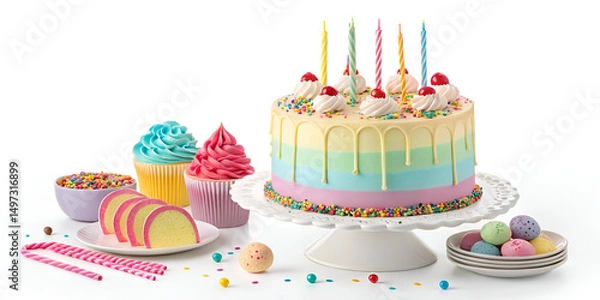 Fototapeta A beautifully decorated birthday cake with colorful frosting, candles, and festive elements displayed on a clean white background, perfect for celebrations, parties, and dessert-themed designs.