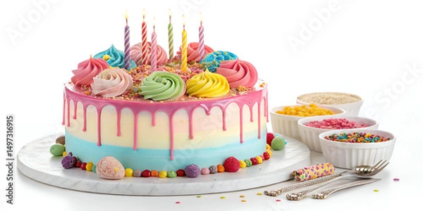 Fototapeta A beautifully decorated birthday cake with colorful frosting, candles, and festive elements displayed on a clean white background, perfect for celebrations, parties, and dessert-themed designs.