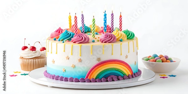 Fototapeta A beautifully decorated birthday cake with colorful frosting, candles, and festive elements displayed on a clean white background, perfect for celebrations, parties, and dessert-themed designs.