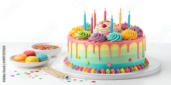 Fototapeta A beautifully decorated birthday cake with colorful frosting, candles, and festive elements displayed on a clean white background, perfect for celebrations, parties, and dessert-themed designs.