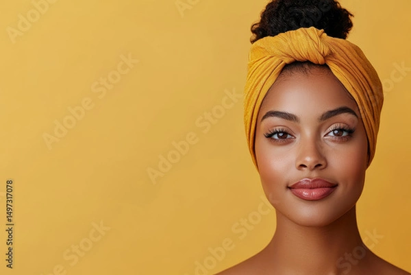 Fototapeta minimalistic portrait of mulatto young woman 30 years old with yellow headband on yellow background, copy space, beauty, ethnic