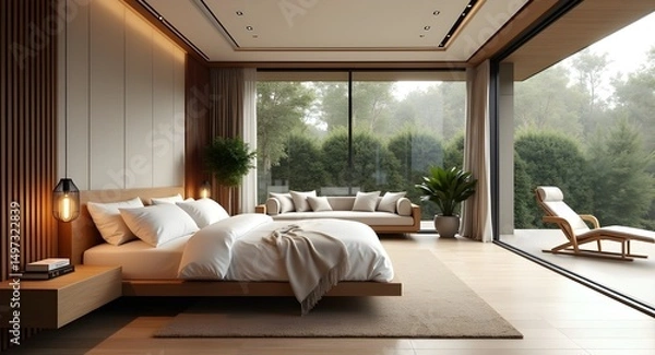 Fototapeta Comfortable Bedroom Interior with Wooden Accents