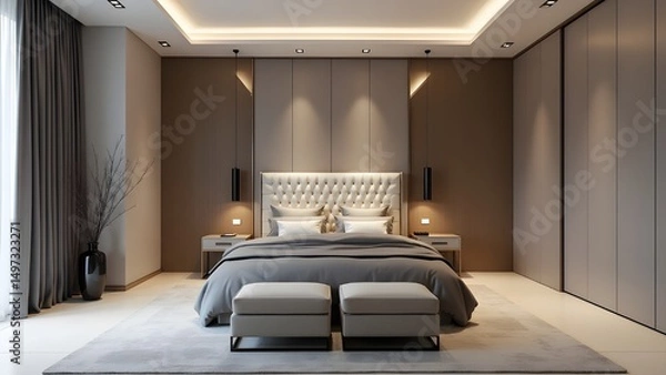 Fototapeta Elegant Bedroom Interior with Soft Lighting