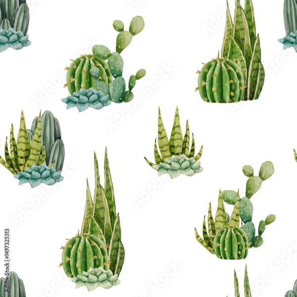 Obraz Watercolor seamless pattern of green cacti. White background. For design, backgrounds