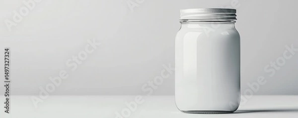 Obraz A clear glass jar filled with milk sits on a white surface against a minimalist background.