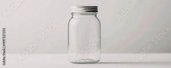 Obraz A clear, empty glass jar with a metal lid is placed on a white surface against a plain background.