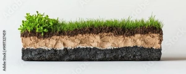 Obraz A cross-section of soil layers with green grass and small plants growing on the surface.