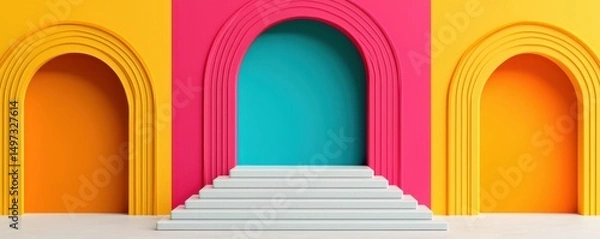 Fototapeta Colorful geometric arches and steps in a modern, minimalistic setting with vibrant pink, yellow, and blue tones.